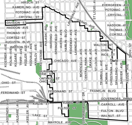 Chicago/Central Park TIF district map, roughly bounded on the north by Kamerling Avenue, Lake Street on the south, Kedzie Avenue on the east, and Kostner Avenue and Pulaski Road on the west.